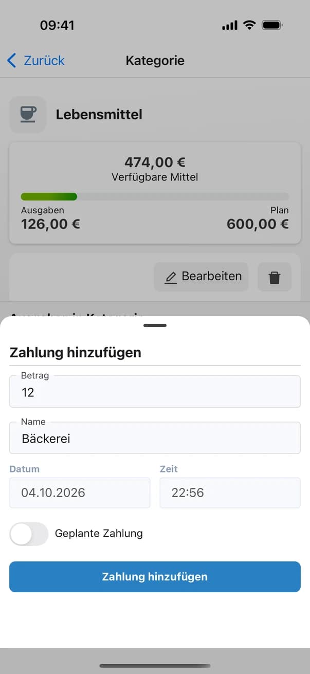 Formular „Zahlung hinzufügen“ in Money Planner