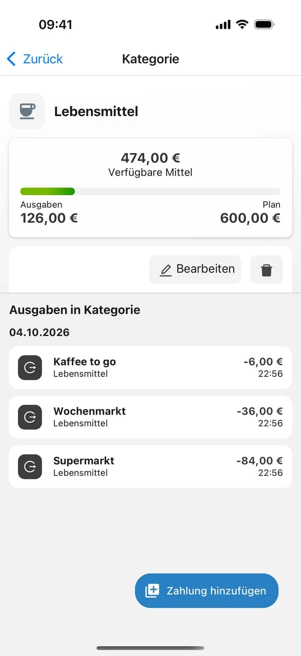 Kategorie Lebensmittel mit verfügbaren Mitteln und Ausgabenliste