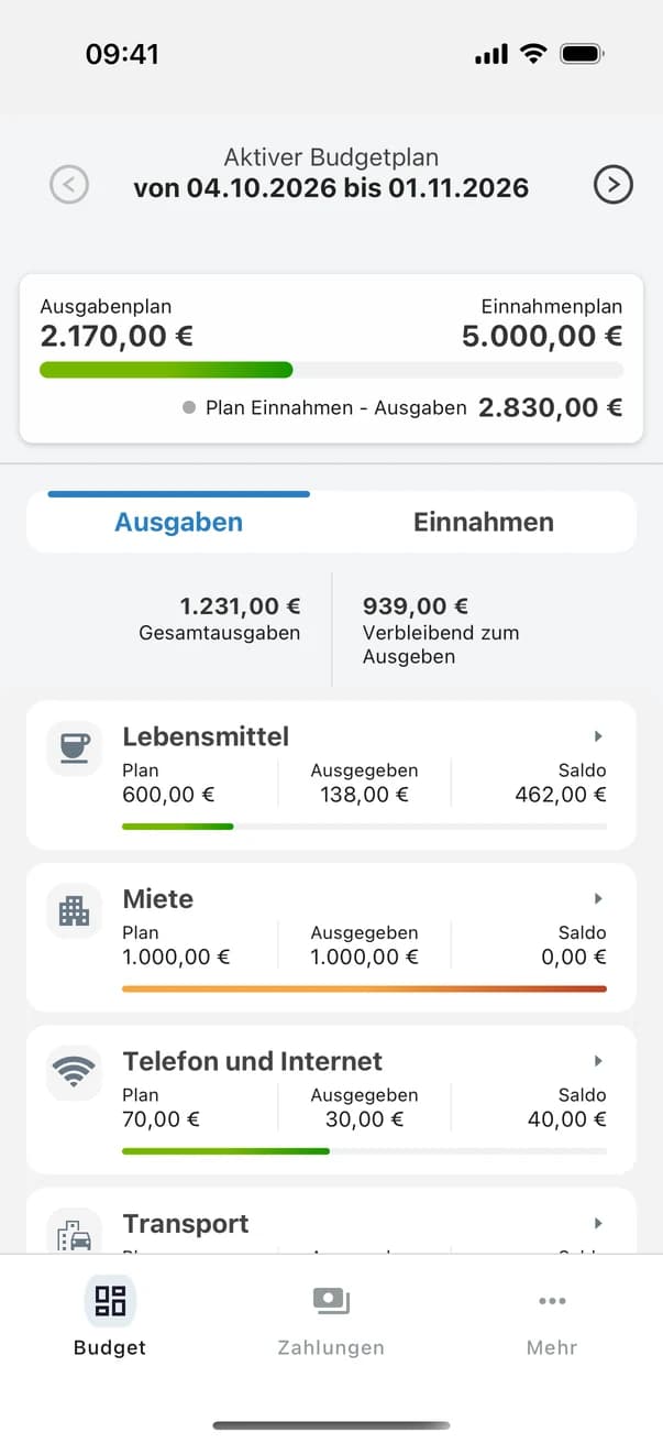 Startbildschirm von Money Planner: Ausgaben- und Einnahmenplan mit Salden pro Kategorie