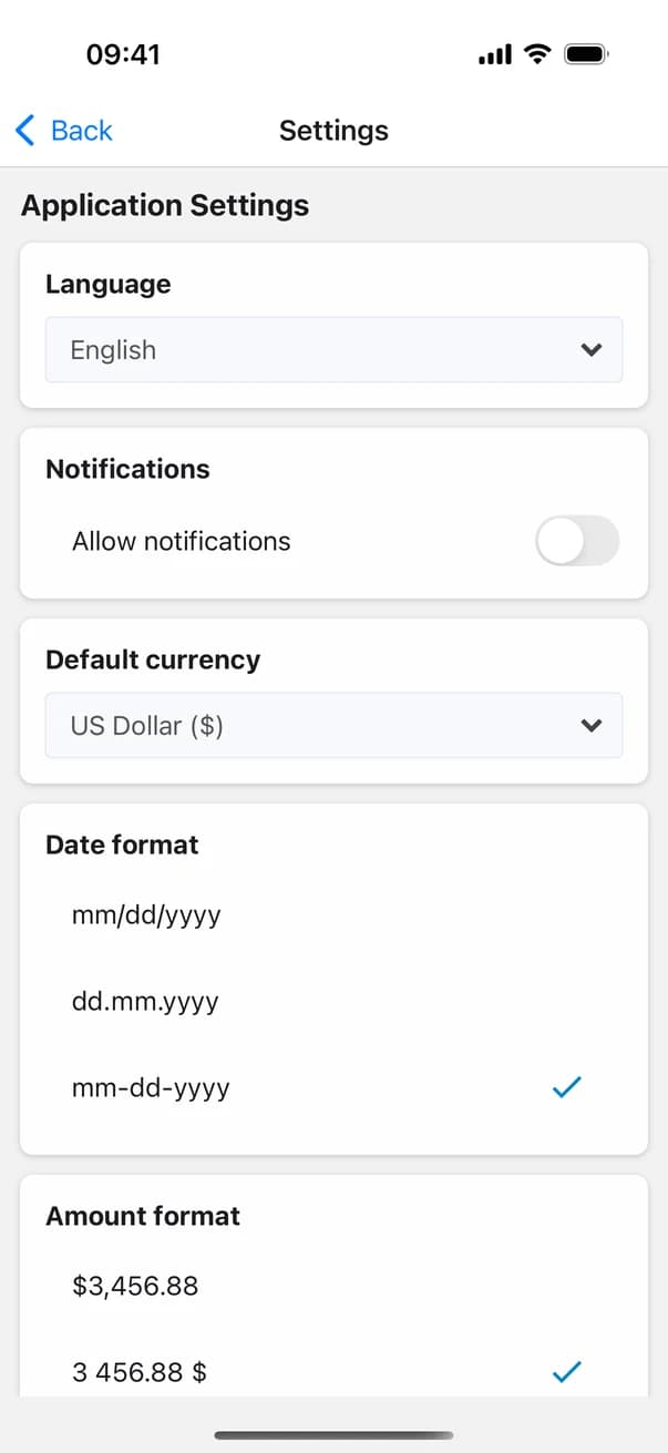 Money Planner settings: language, currency, date and amount format