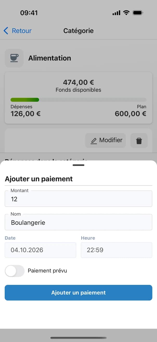 Formulaire d'ajout de paiement dans Money Planner
