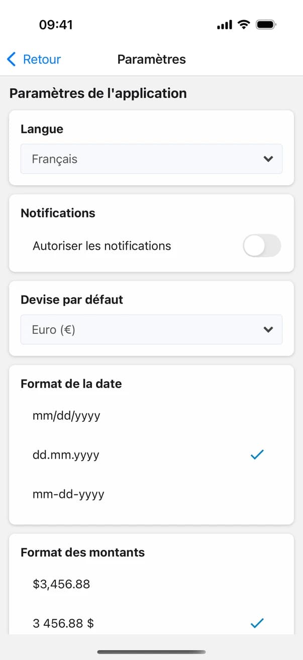 Paramètres de Money Planner : langue, devise, format de date et de montant