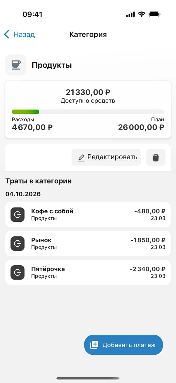 Экран категории «Продукты» с остатком средств и списком трат