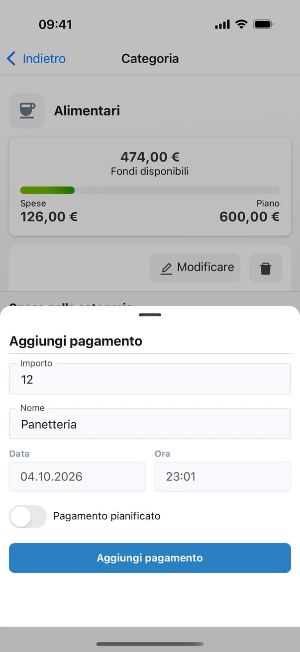 Modulo di aggiunta pagamento in Money Planner
