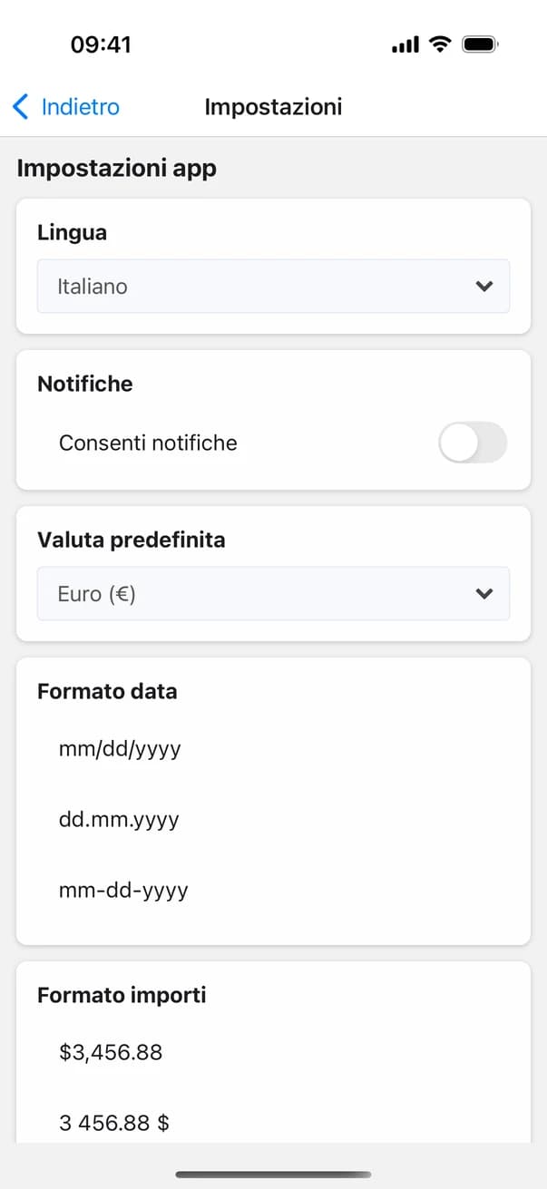 Impostazioni di Money Planner: lingua, valuta, formato data e importi